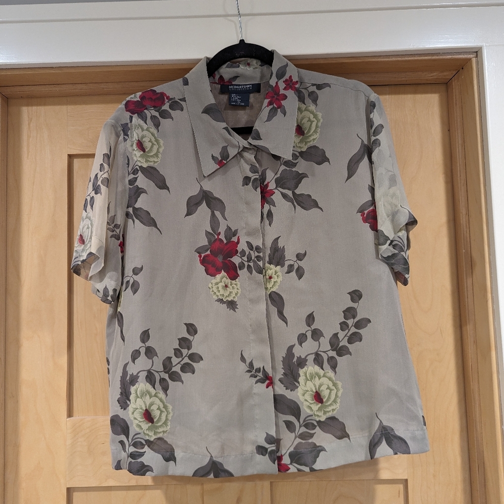 100% SILK Bridgetown Collection lightweight button up blouse short sleeve XL